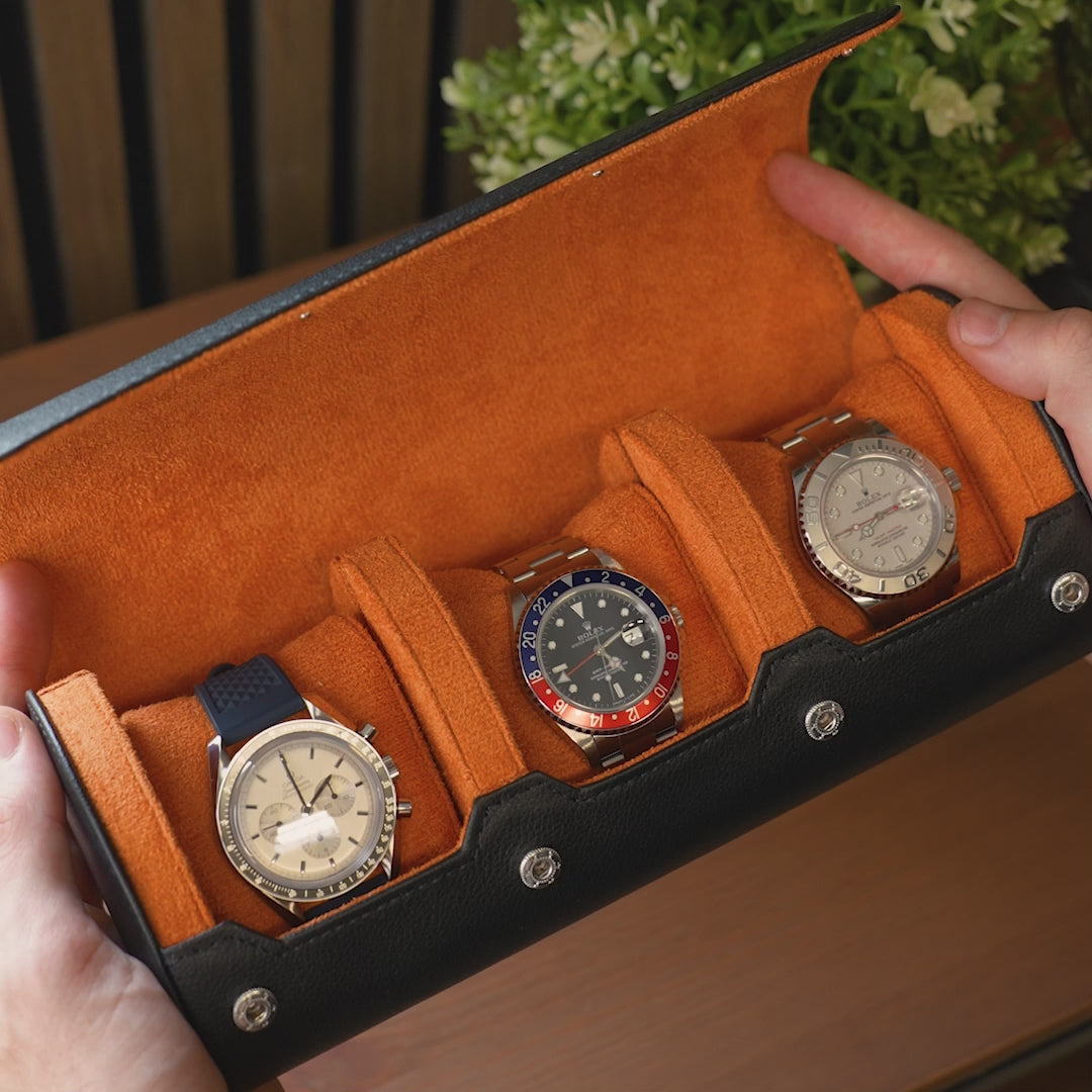 Personalized Watch Roll Black Orange - Add name or initials